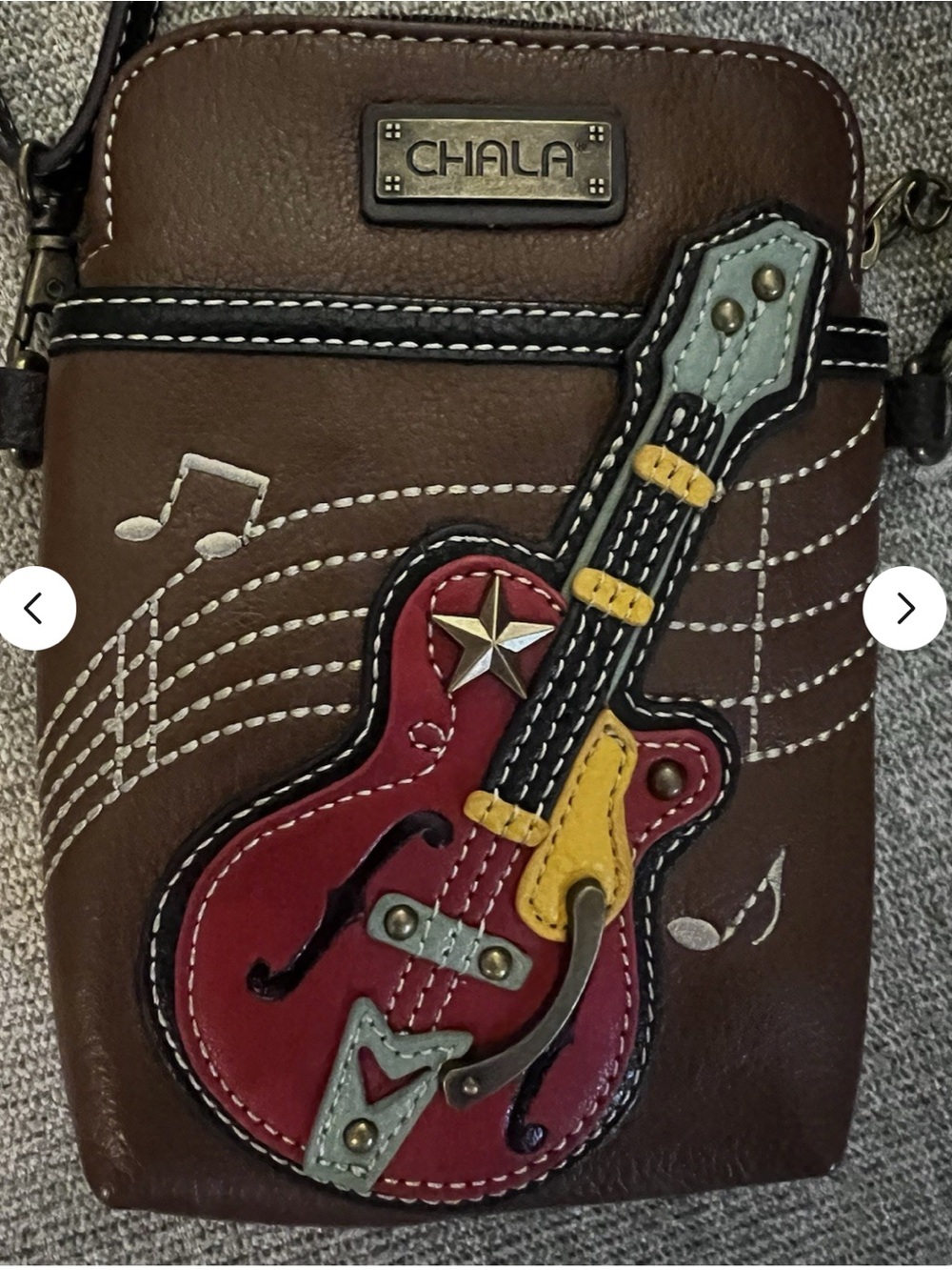 Chala Brown Crossbody Phone Bag with Red & Yellow Guitar Applique